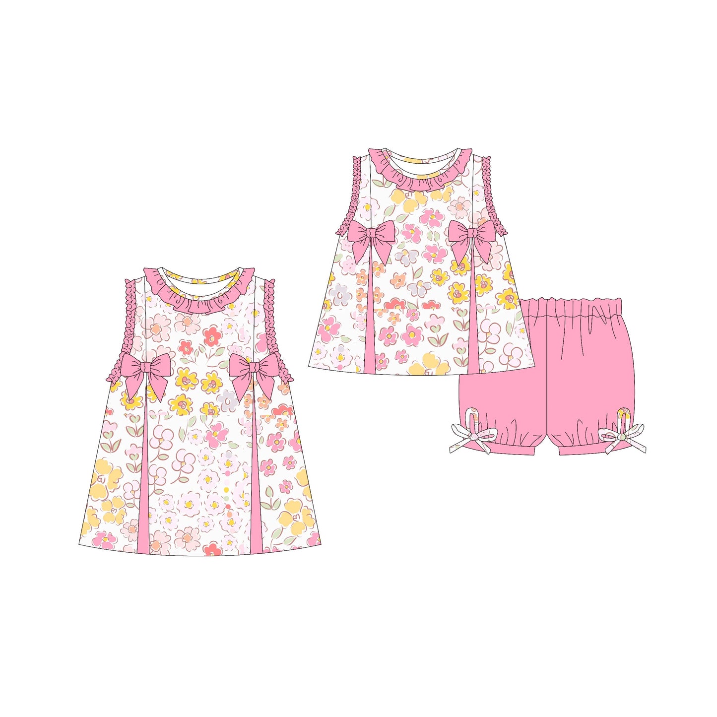 Baby Girl Sleeveless Pink Bows Flower Sibling Dress Set ( Moq 5 Each Style ) 3.21