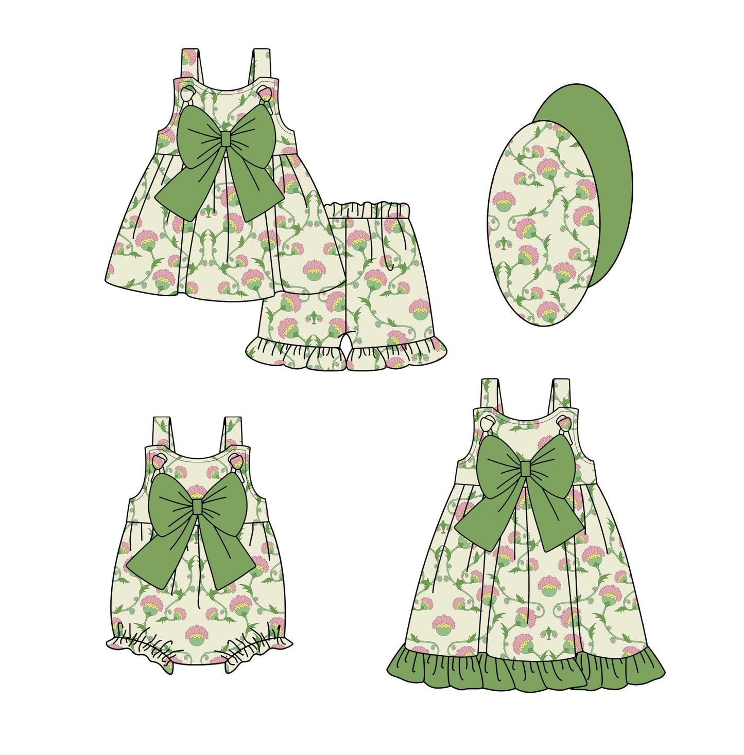 Baby Girl Straps Flower Green Bows Sibling Romper Dress Set ( Moq 5 Each Style ) 1.24