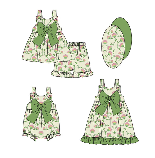 Baby Girl Straps Flower Green Bows Sibling Romper Dress Set ( Moq 5 Each Style ) 1.24