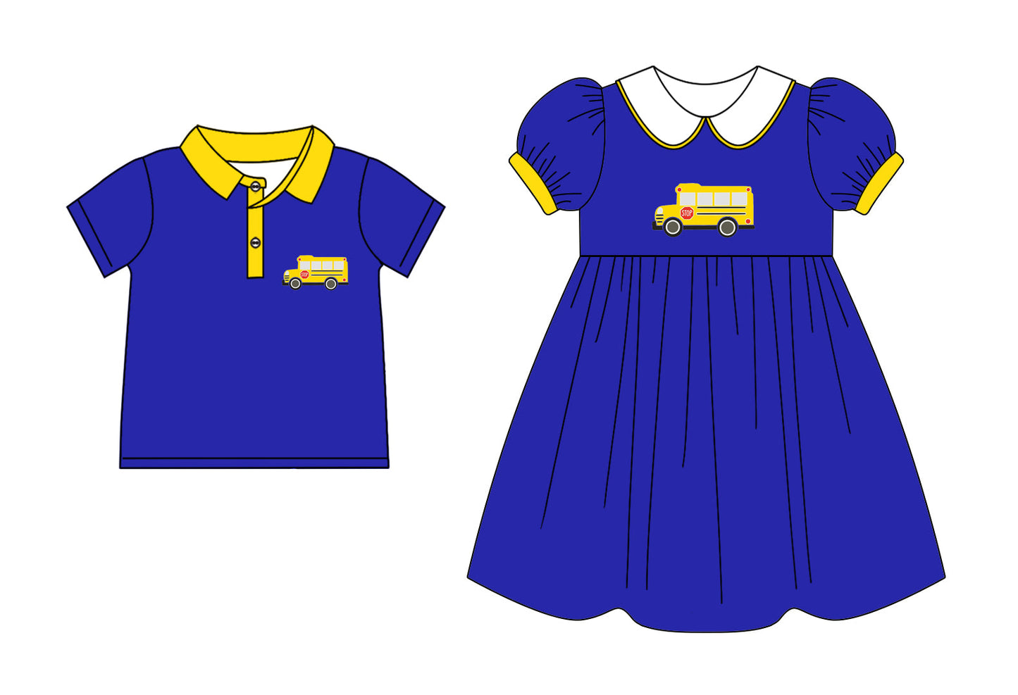 Baby Boy Girl Back To School Bus Blue Sibling Dress Shirt ( Moq 5 Each Style ) 2.12