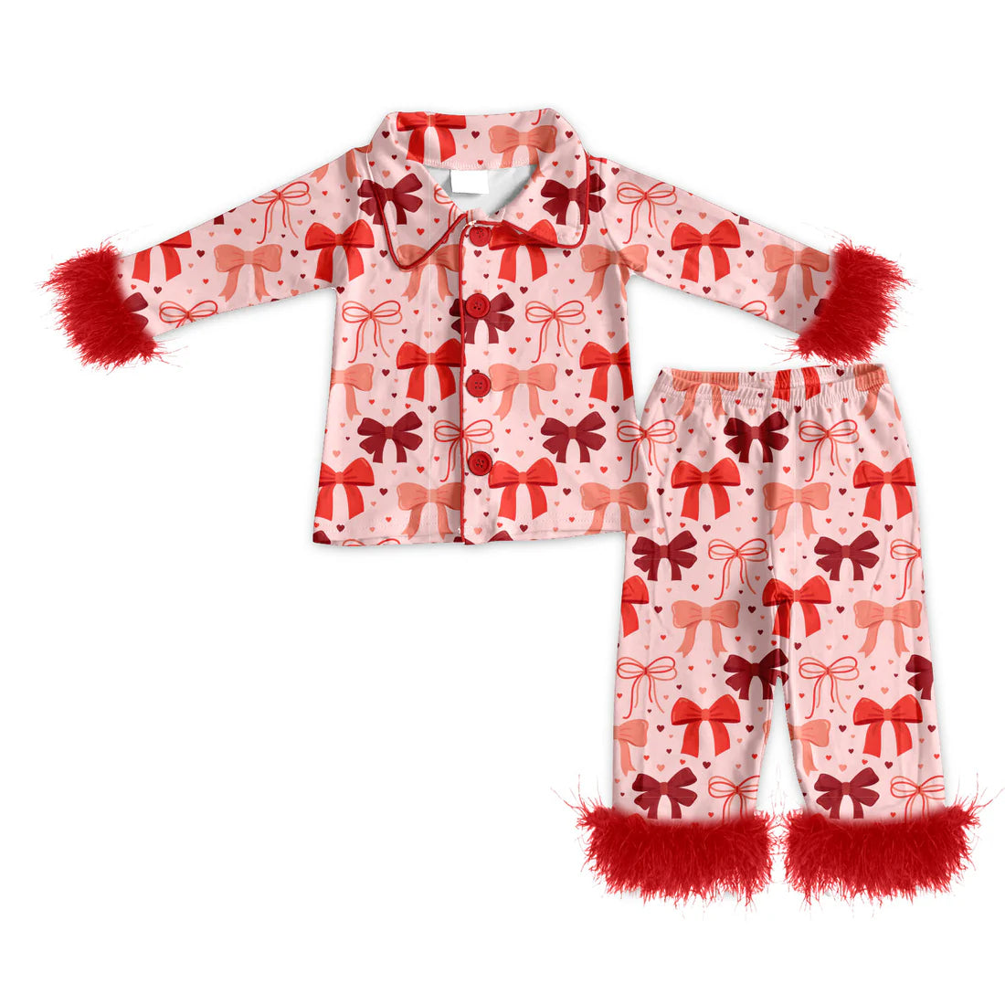( Moq 5 ) Baby Girls Fur Long Sleeves Strawberry Bows Hearts Buttons Shirt Pants Valentines Pajamas Set