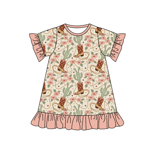 Baby Girl Toddler Short Sleeves Boots Cactus Flower Knee Length Western Dress