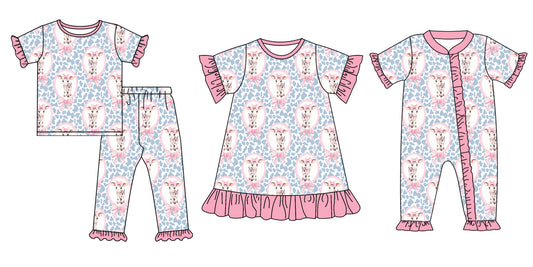 Baby Girl Short Sleeves Cow Bows Sibling Romper Dress Clothes Set ( Moq 5 Each Design )11.27