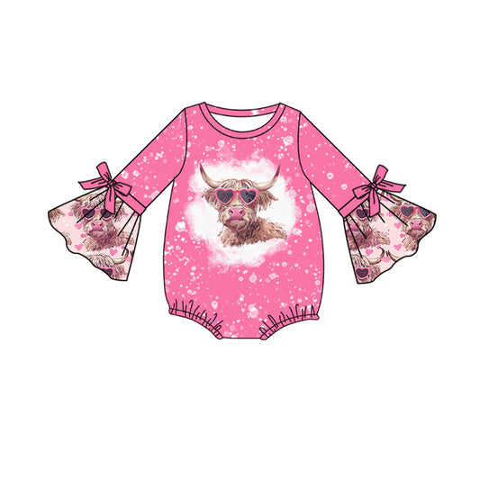 Baby Girl Infant Long Sleeves Valentine Hearts Cow Bubble Romper