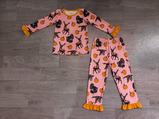 ( No moq ) Preorder Baby Girls Kids Pumpkins turkey Ducks Deer Shirt Pants Set Pajamas Fall Clothes