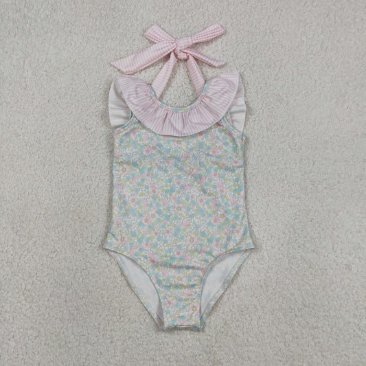 Baby Girls Kids Stripes Bows Floral Summer One-piece Swimsuit RTS