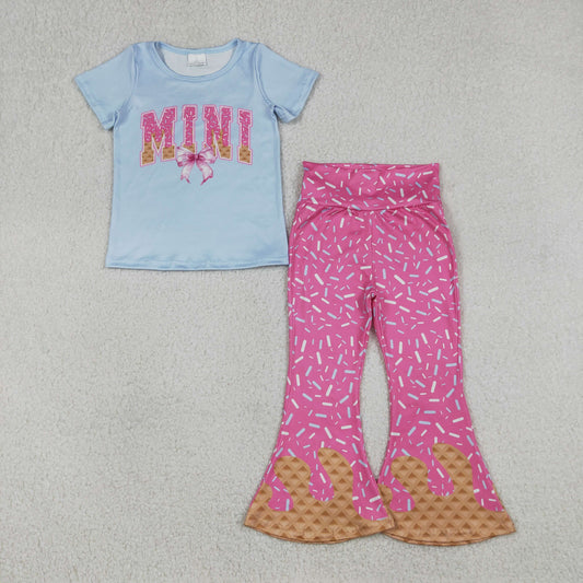 Baby Girls Kids Short Sleeves Mini Bow Blue Shirt Sprinkles Bell Pants Clothes Set RTS