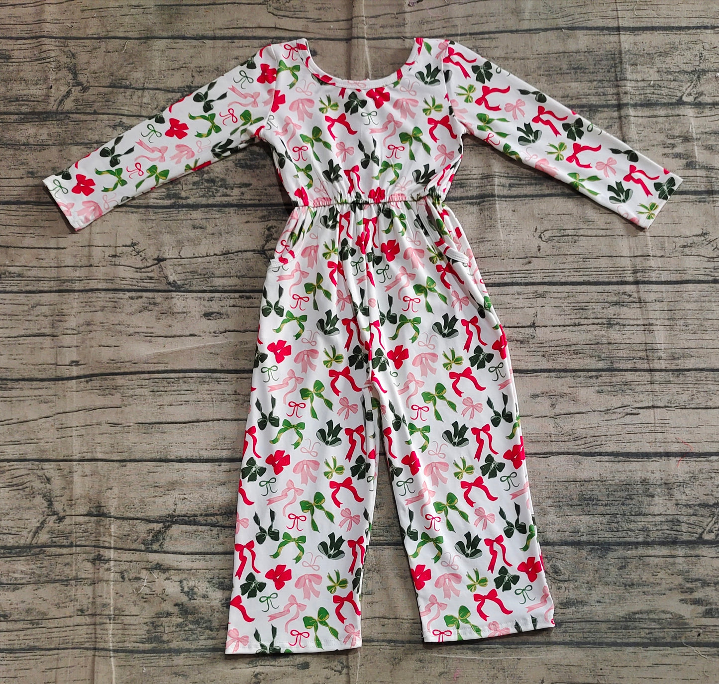 Baby Girl Long Sleeves Colorful Bows Pockets Christmas Buttons Jumpsuit RTS