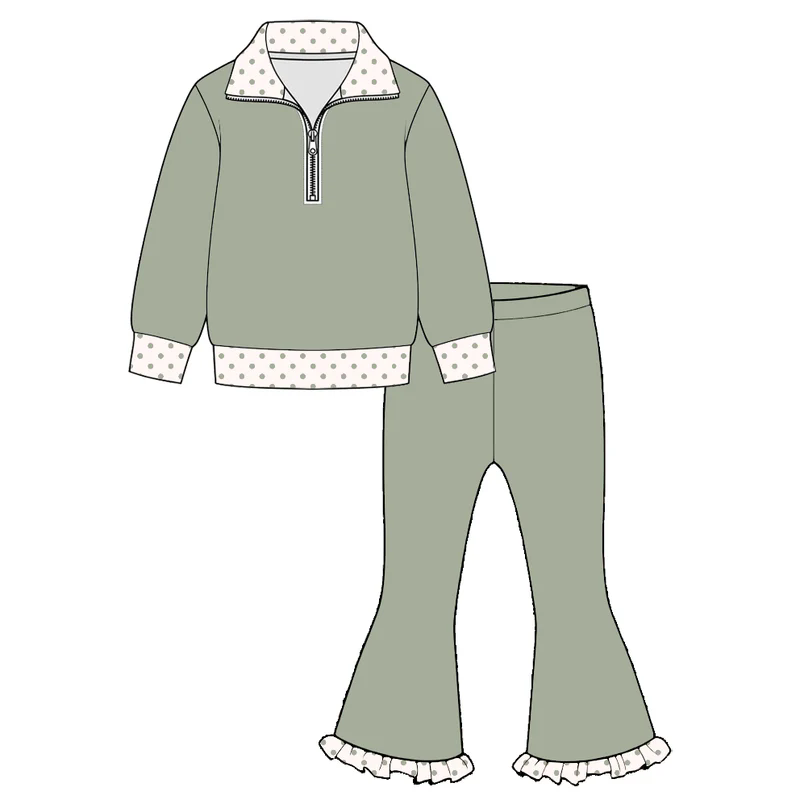 ( Moq 5 ) Preorder Baby Girls Kids Long Sleeves Zipper Shirt Pants Green Set Clothes