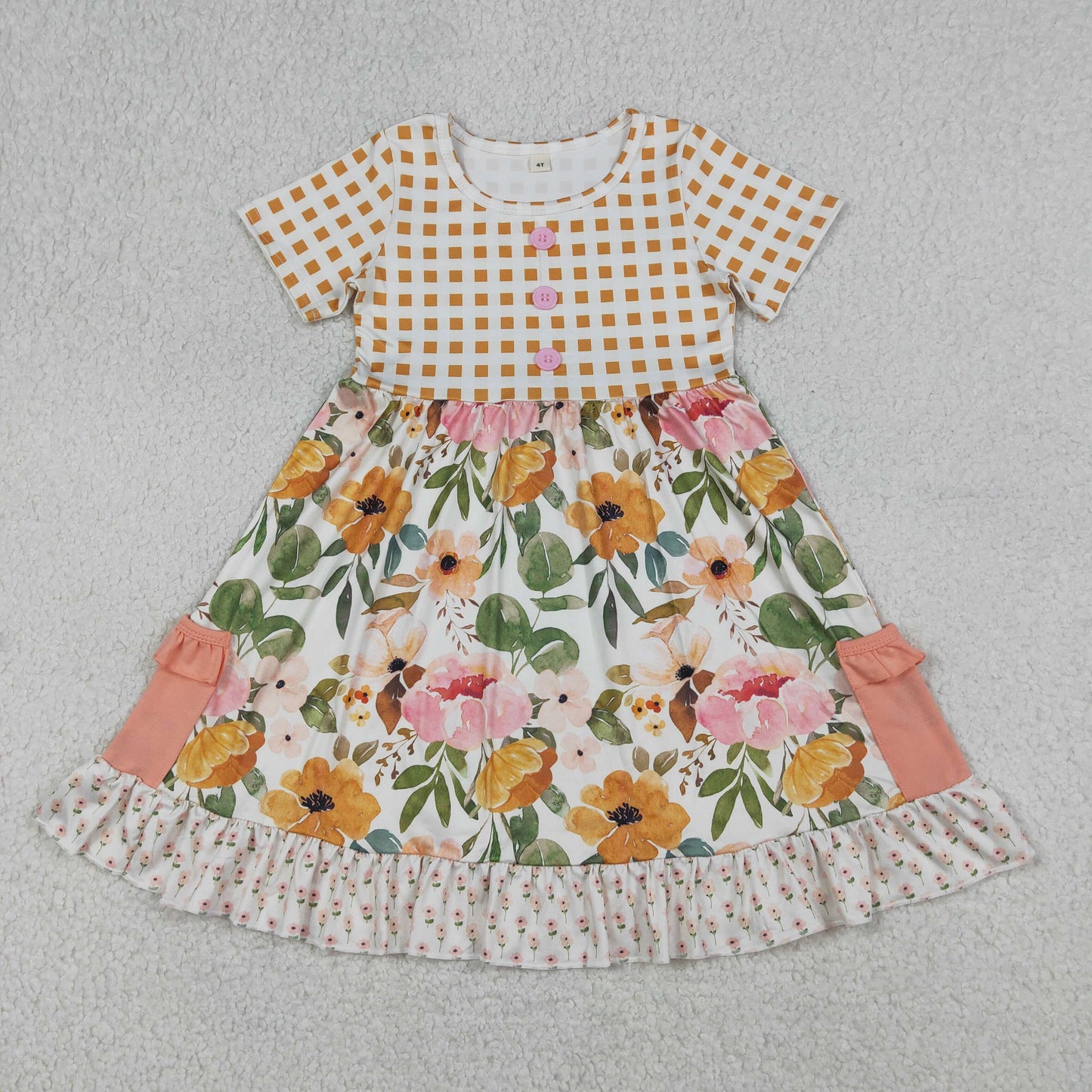 Baby Girls Kids Short Sleeves Plaid Flower Knee Length Pockets Ruffle Dress RTS