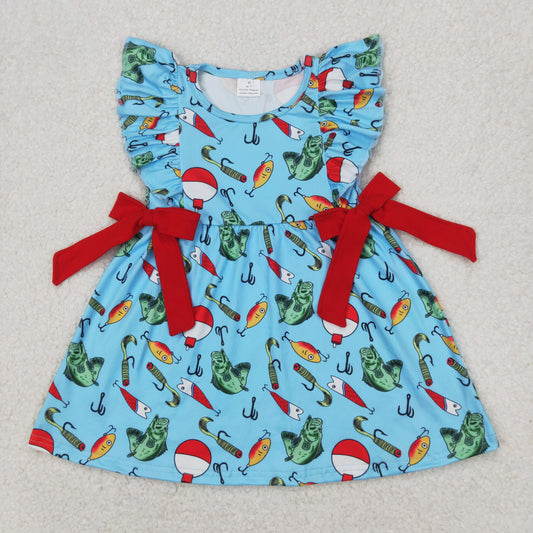Baby Girl Short Sleeves Fishing Red Bows Knee Length Dress ( No moq )