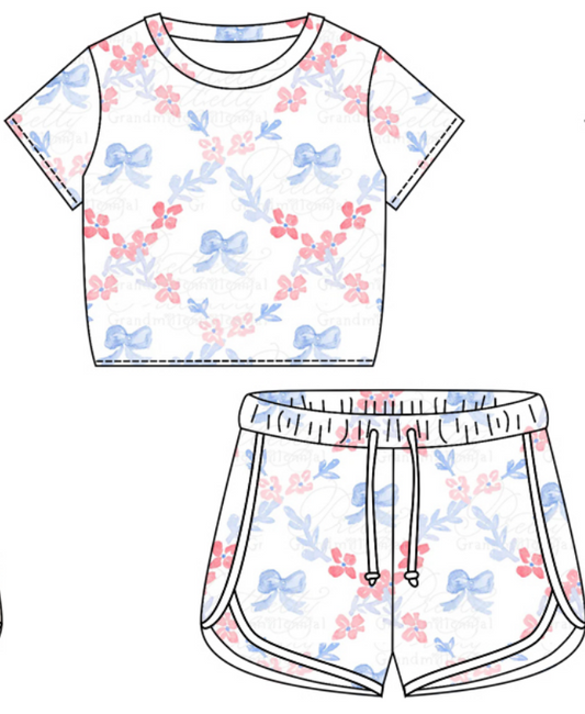 Baby Girl Short Sleeves July 4th Flower Bows Shirt Shorts Clothes Set Moq 5