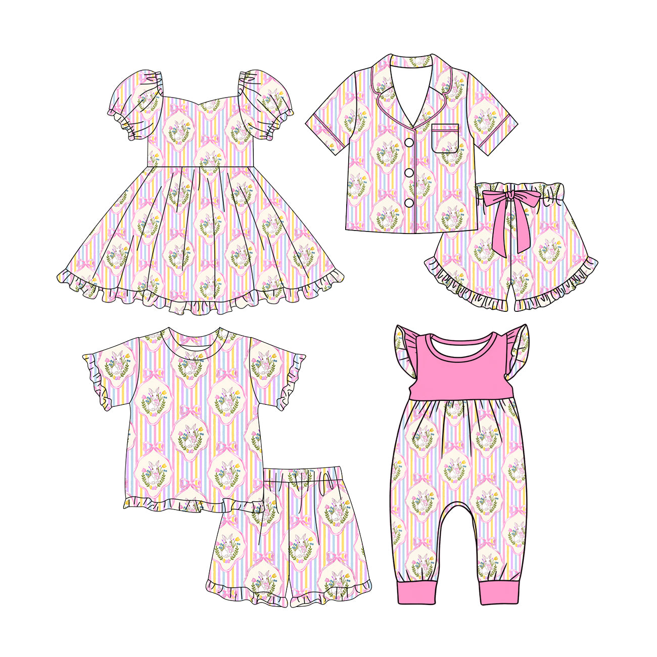 ( Moq 5 Each Style ) Baby Girls Kids Rabbits Bows Flower Stripes Sibling Easter Pink Romper Dress Set