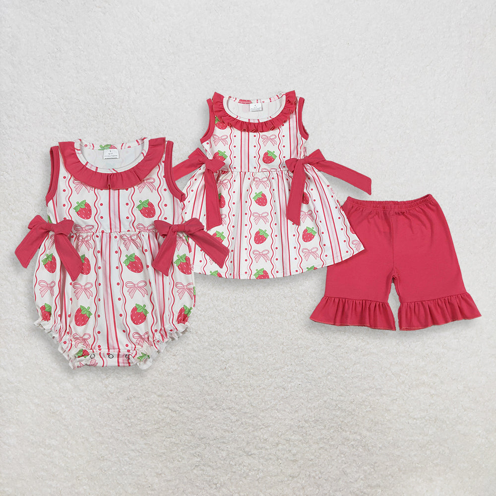 Sibling Baby Girls Kids Strawberry Bows Bubble Romper Set Summer Clothes RTS