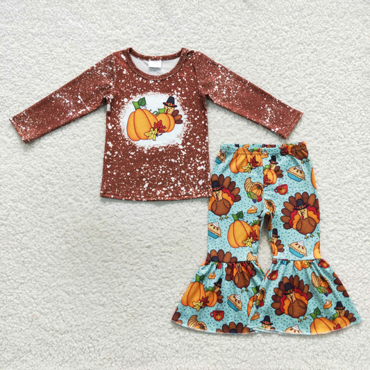 Baby Girl Long Sleeves turkey Pumpkin Pants Thanksgiving Outfit