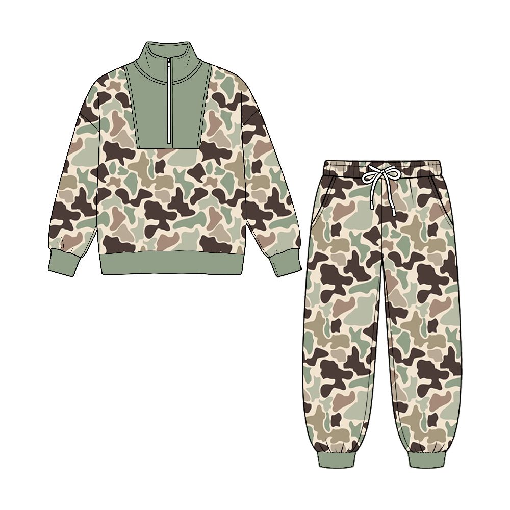 ( No moq ) Preorder Baby Boys Kids Long Sleeves Green Camo Print Zipper Pullover Pockets Pants Set Clothes