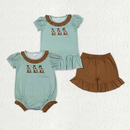 Sibling Baby Girls Kids Short Sleeves Embroidery Dogs Ducks Green Stripes Hunting Romper Set RTS