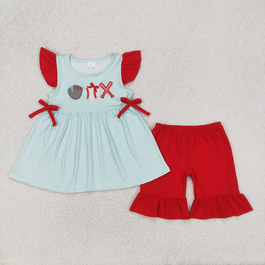 Baby Girl Flutter Sleeves Embroidery Baseball Tunic Red Shorts Clothes Set RTS