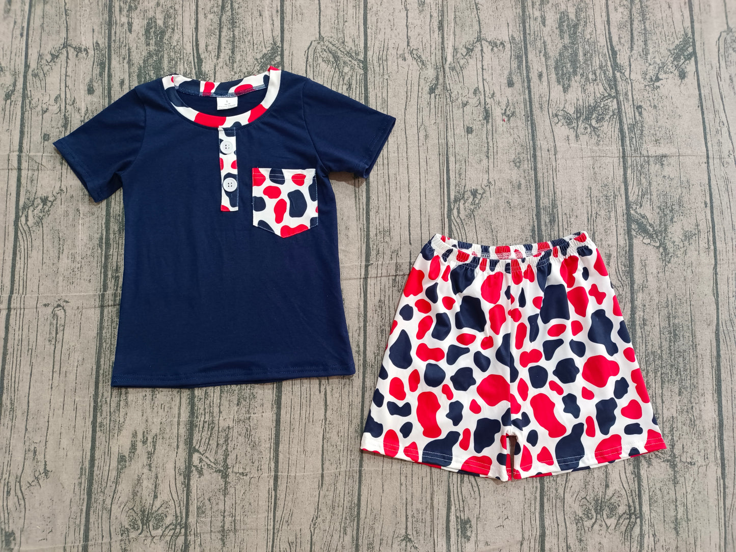 Baby Boys Short Sleeves Navy Buttons Shirt Camo Shorts 4th of July Clothes Set RTS
