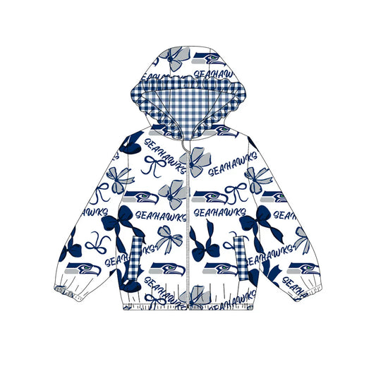 ( Moq 5 ) Baby Girls Kids Bows Cheer Pockets Blue Checked Hoodie Zipper Team Jacket Tops
