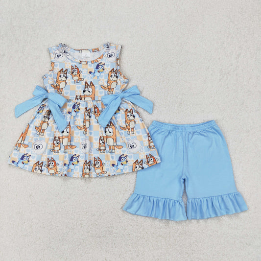 Baby Girl Sleeveless Cartoon Dogs Bows Tunic Blue Ruffle Shorts Set RTS