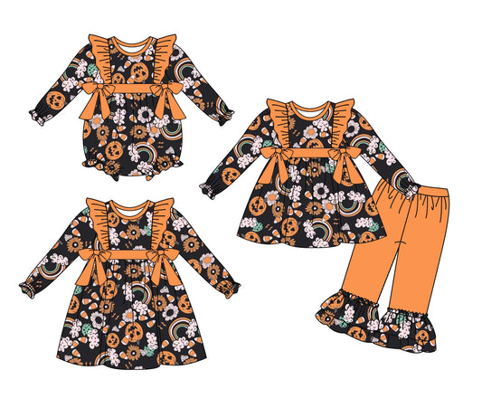 ( Moq 5 Each Style ) Baby Girl Toddler Pumpkins Flower Halloween Sibling Romper Dress Set