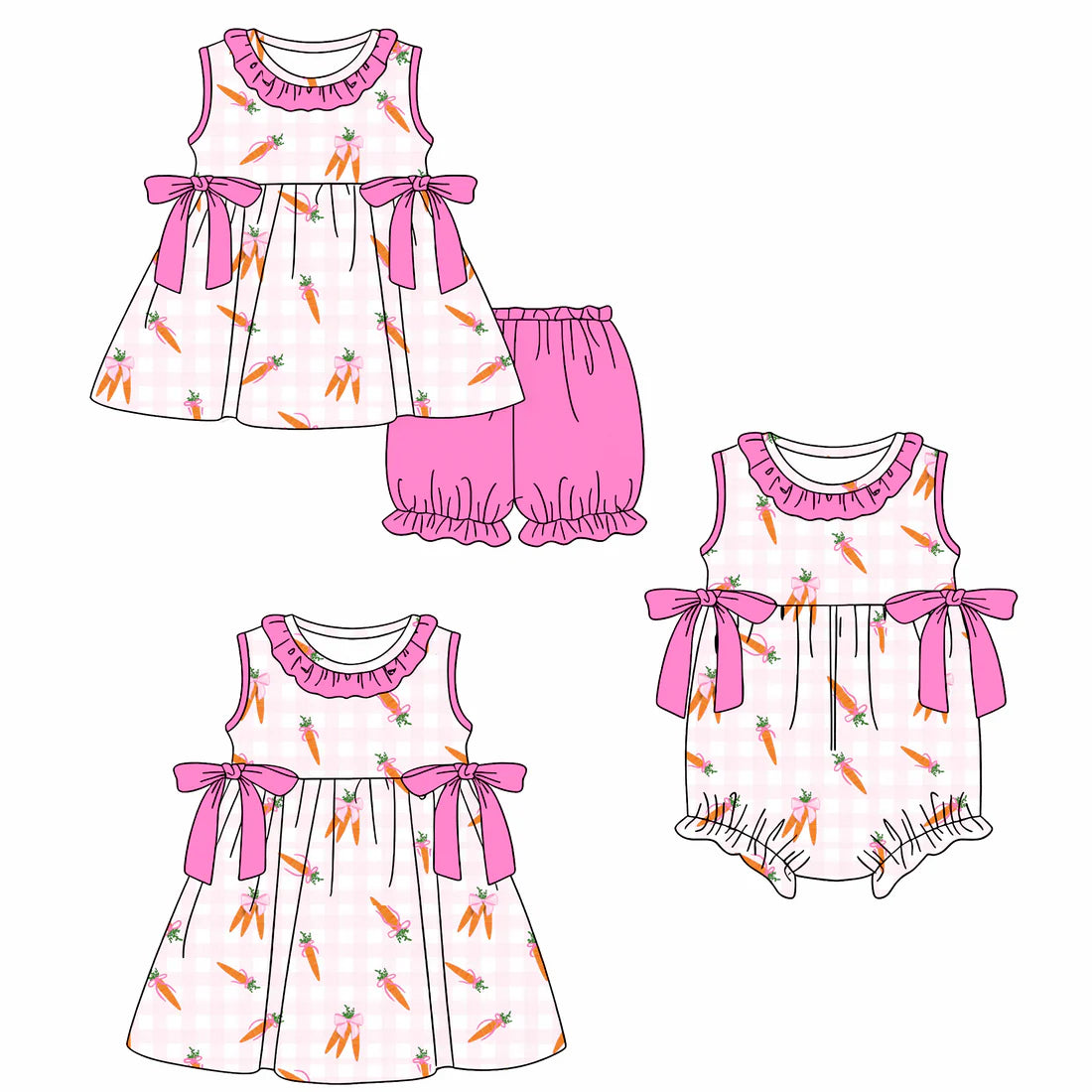 ( Moq 5 Each Style ) Baby Girls Kids Carrots Bows Plaid Sibling Easter Romper Dress Set