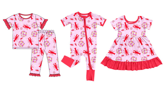 ( Moq 5 Each Style ) Baby Girl Toddler Short Sleeves Crawfish Sibling Romper Dress Set