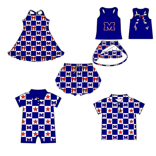 ( Moq 5 Each Style ) Baby Boys Girls Toddler Bows Team Sibling Shorts Dress Shirt Set Blue Clothes