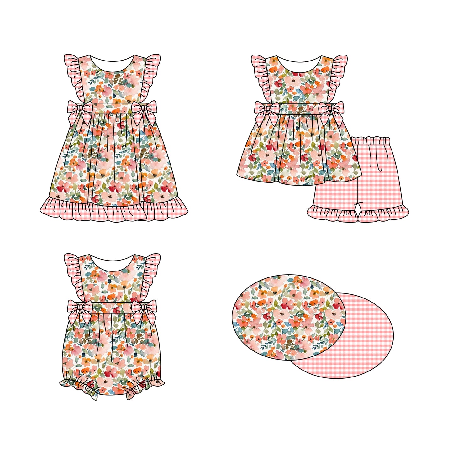 Baby Girl Short Sleeves Flower Plaid Sibling Romper Dress Clothes Set ( Moq 5 Each Design )