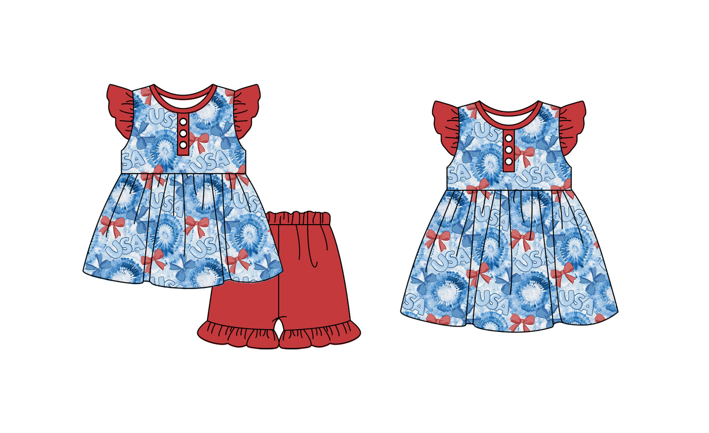 Baby Girl July 4th Bows Tie Dye Sibling Dress Clothes Set ( Moq 5 Each Design )11.23