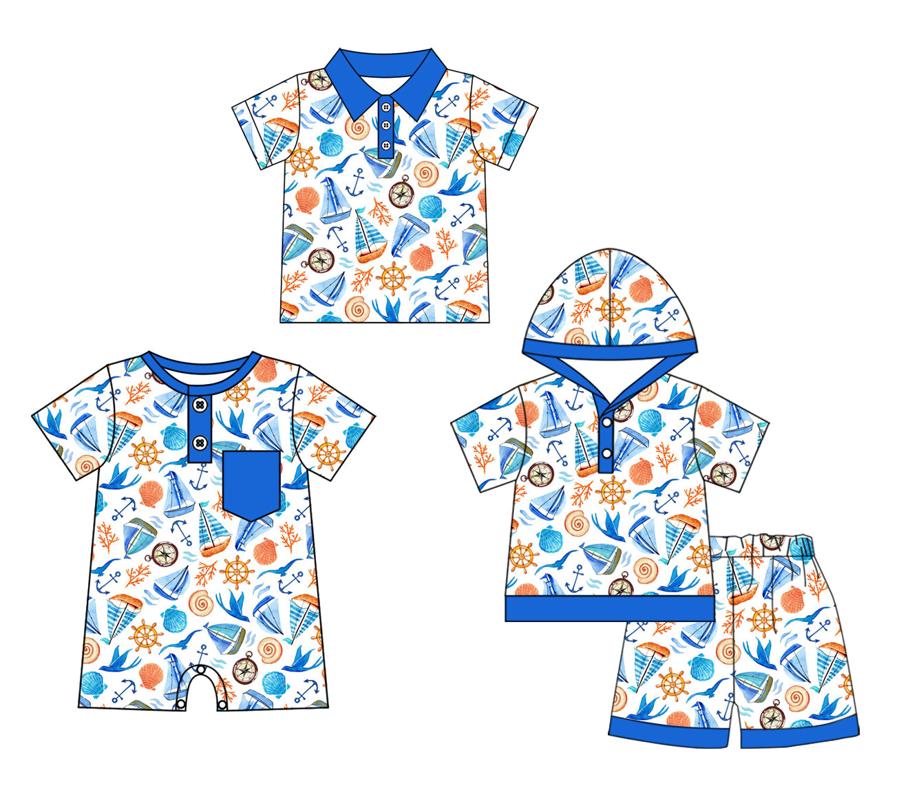 Baby Boy Short Sleeves Boats Blue Sibling Romper Clothes Set ( Moq 5 Each Design ) 12.2