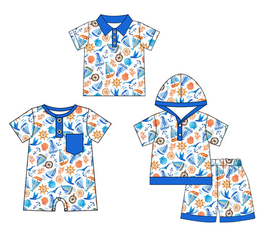 Baby Boy Short Sleeves Boats Blue Sibling Romper Clothes Set ( Moq 5 Each Design ) 12.2