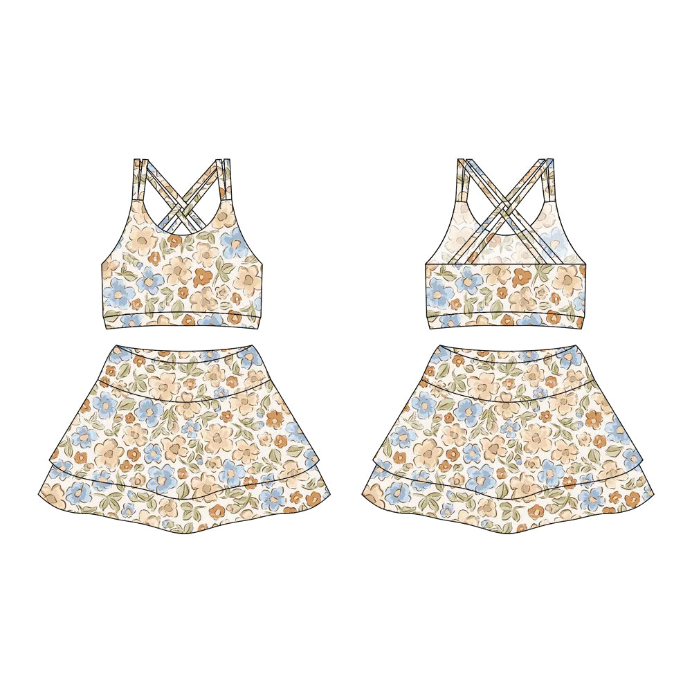 ( moq 10 ) Baby Girl Straps Flower Activity Wear Vests Tops Shorts Skirts Yoga Set
