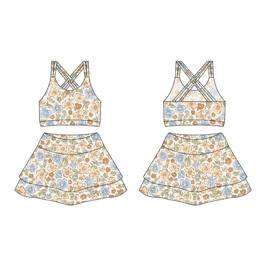 ( moq 10 ) Baby Girl Straps Flower Activity Wear Vests Tops Shorts Skirts Yoga Set