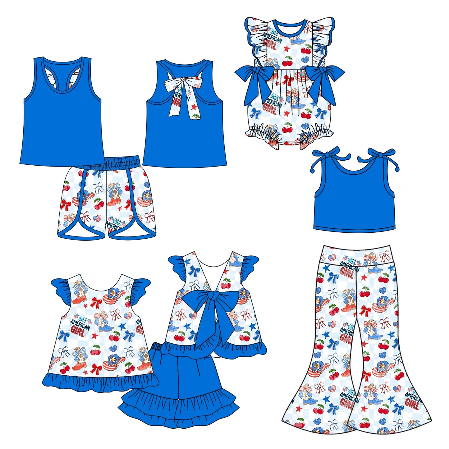 ( Moq 5 Each Style ) Baby Girl 4th Of July Bows Boots Sibling Summer Romper Set 4.23
