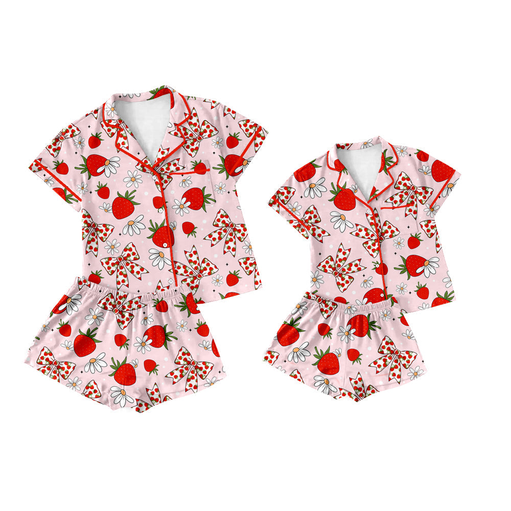 Baby Girl Adult Women Short Sleeves Bows Strawberry Sibling Pajamas Set ( Moq 5 Each Style ) 3.21
