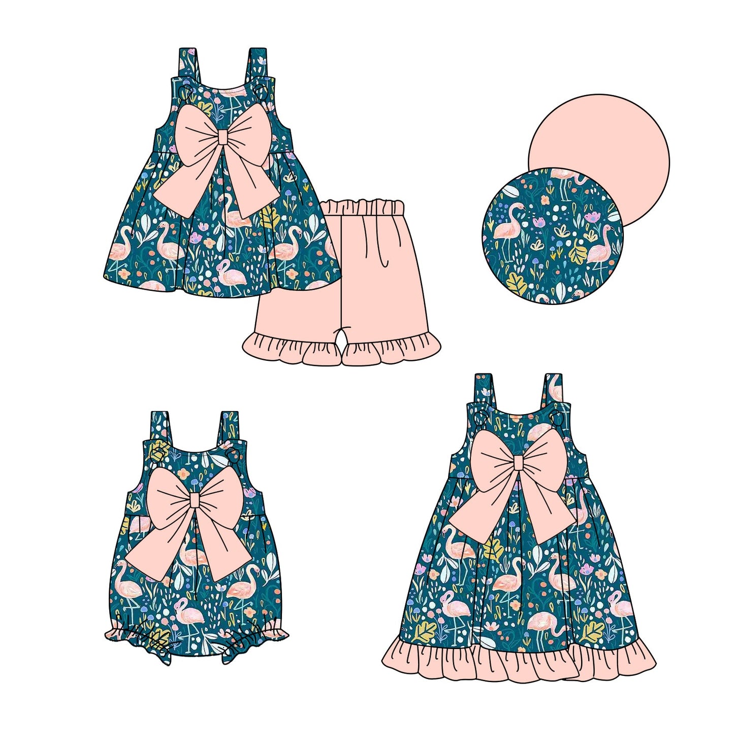 ( Moq 5 Each Style ) Baby Girl Short Sleeves Flower Bows Sibling Romper Dress Set 3.24