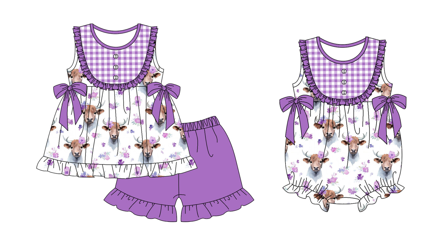 Children Girl Cow Purple Flower Plaid Sibling Romper Clothes Set ( Moq 5 Each Design )11.27