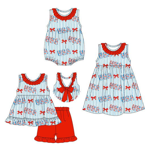 ( Moq 5 Each Style ) Baby Girl 4th Of July Stripes Bows Sibling Romper Dress Set 3.27
