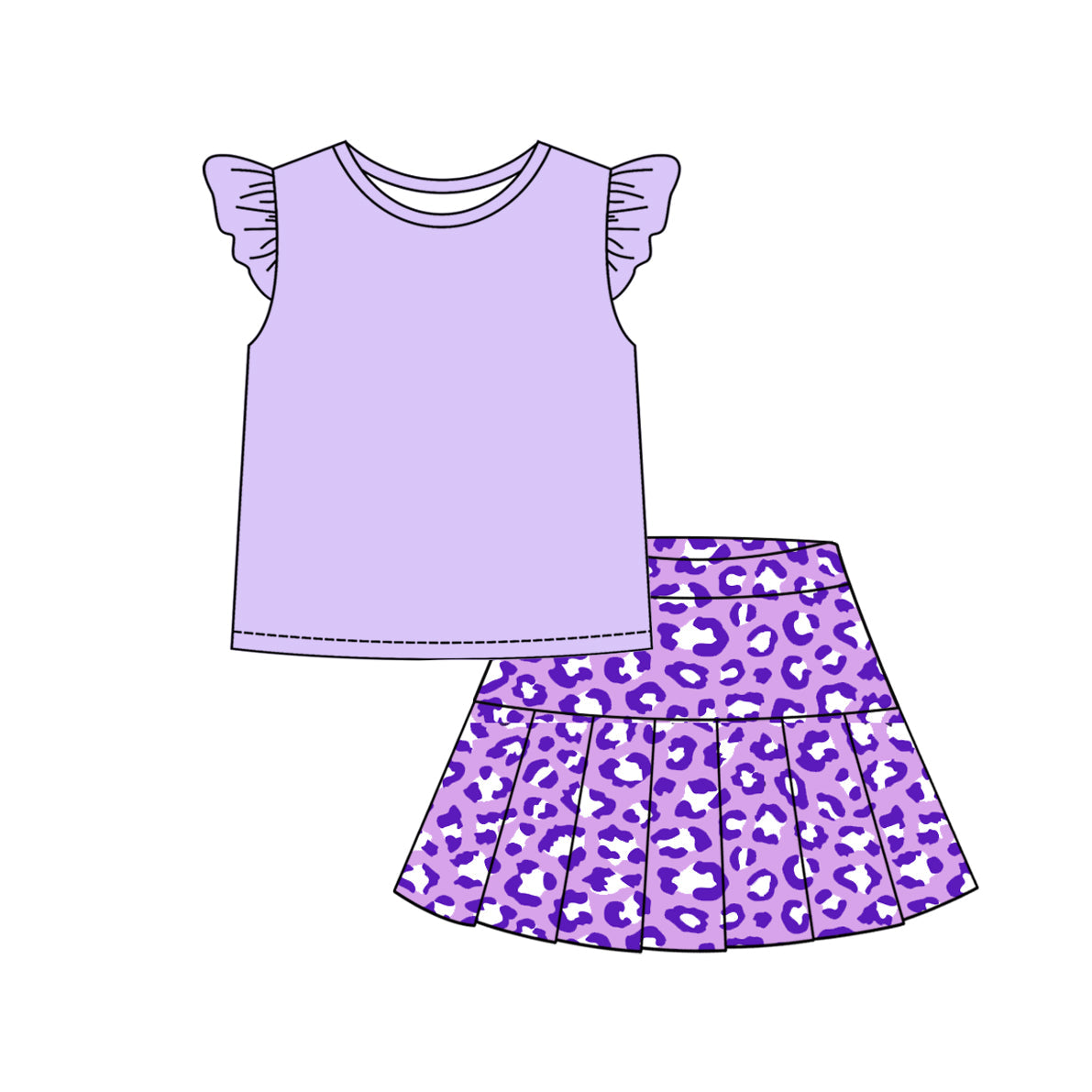 Baby Girl Short Sleeves Purple Shirt Leopard Skirt Set ( Moq 5 Each Style ) 3.7