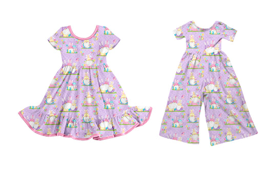 ( Moq 5 Each Style ) Girls Toddler Rabbits Eggs Flower Purple Easter Sibling Dress Jumpsuit