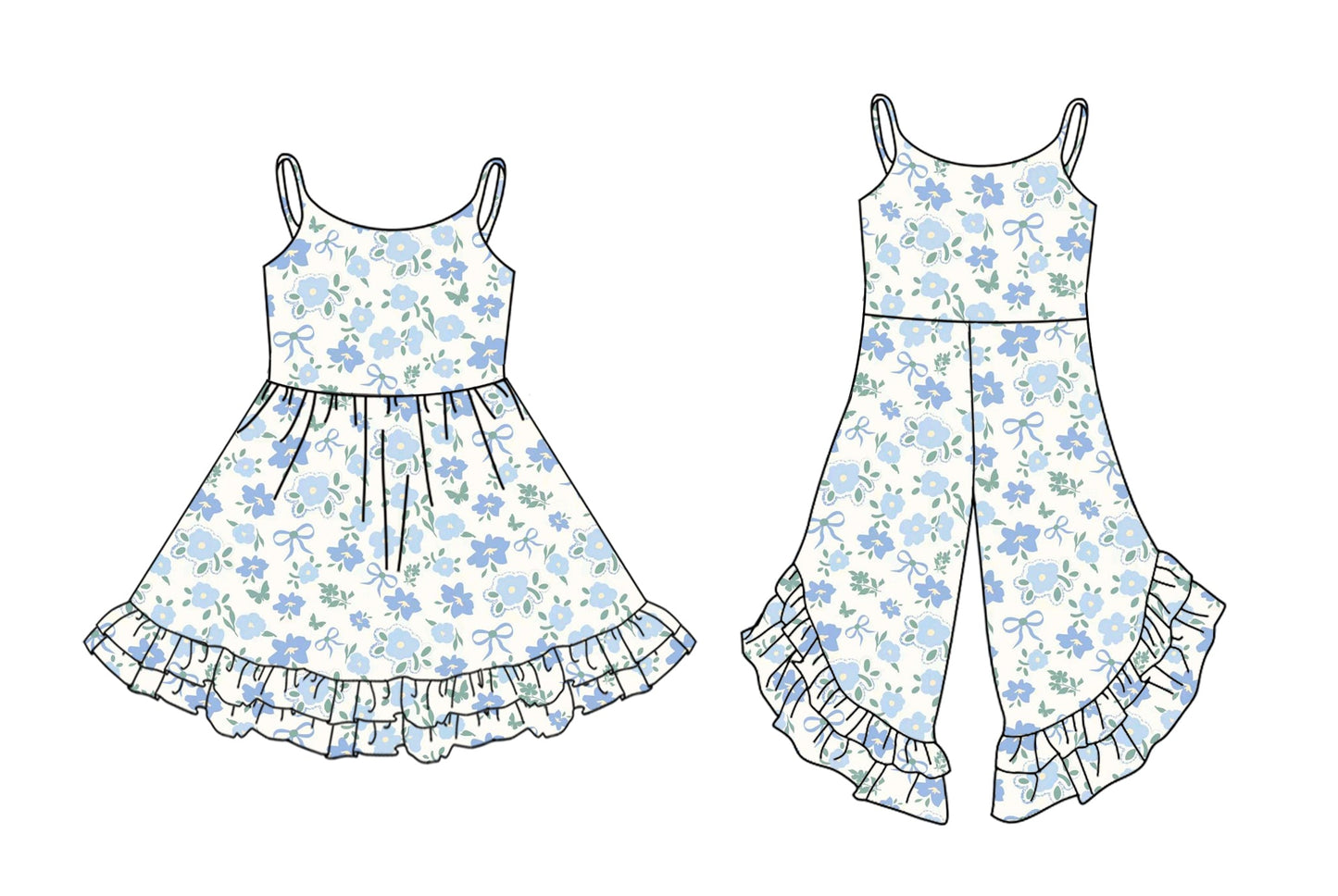 ( Moq 5 Each Style ) Baby Girl Sleeveless Blue Bows Flower Sibling Jumpsuit Dress 3.22