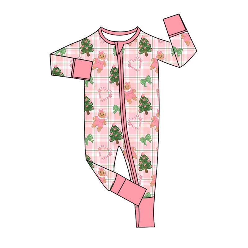( Moq 5 ) Preorder Baby Girls Kids Gingerbread Bows Tree Zipper Sleeper Footie Romper Christmas Clothes