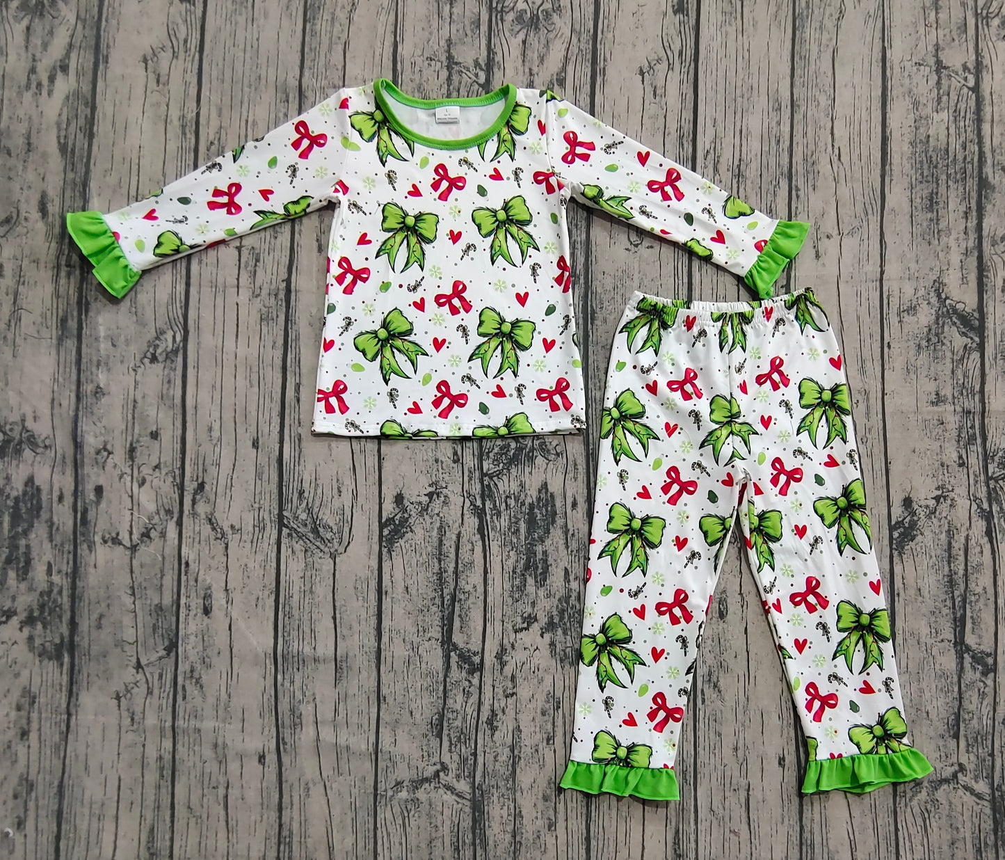 Baby Girl Infant Long Sleeves Red Green Bows Candy Shirt Pants Christmas Set Pajamas RTS