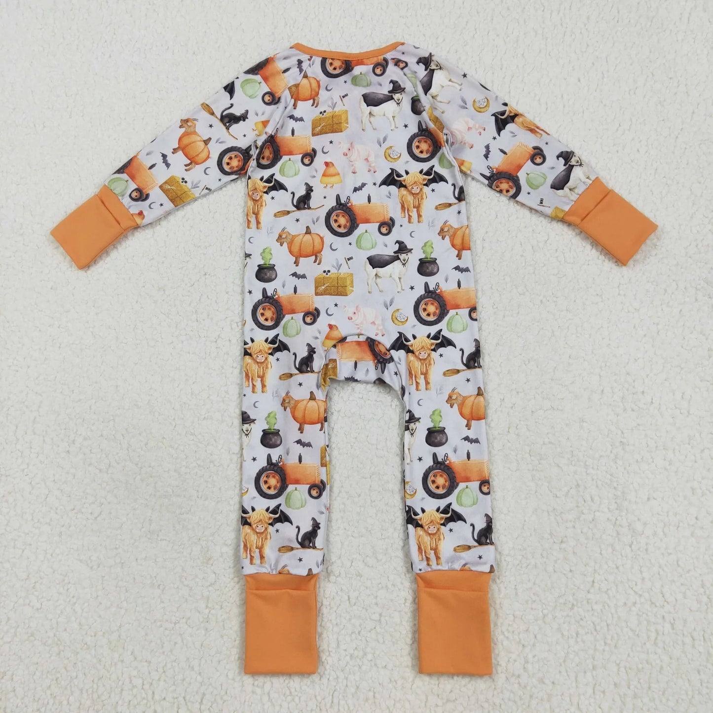 Baby Boy Long Sleeves Pumpkins Farm Animals Sibling Halloween Pajamas Zipper Romper Set