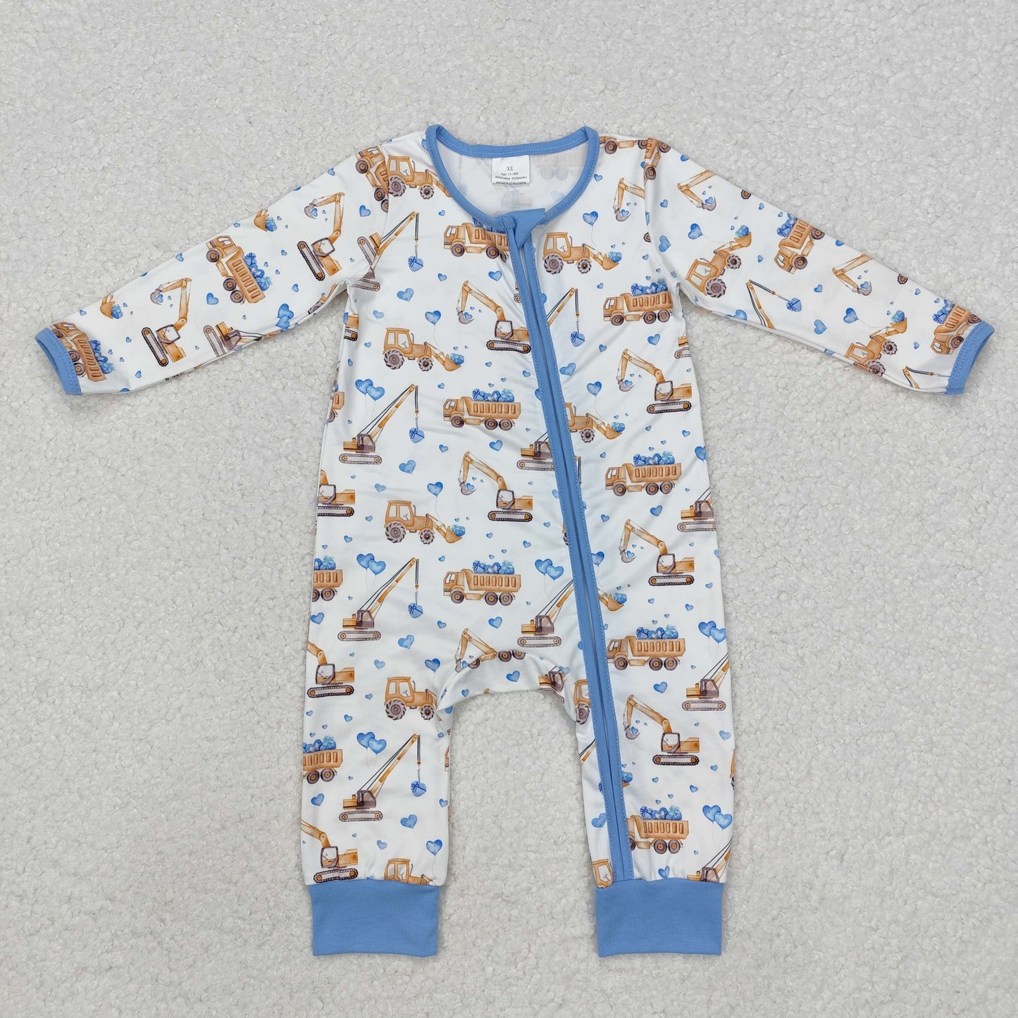 Baby Boy Infant Long Sleeves Valentine Tractors Hearts Zipper Romper