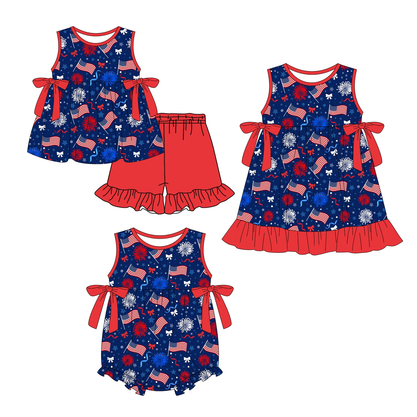 ( Moq 5 Each Style ) Sibling Baby Girls Kids Flags Bows Romper Dress Set 4th of July Clothes
