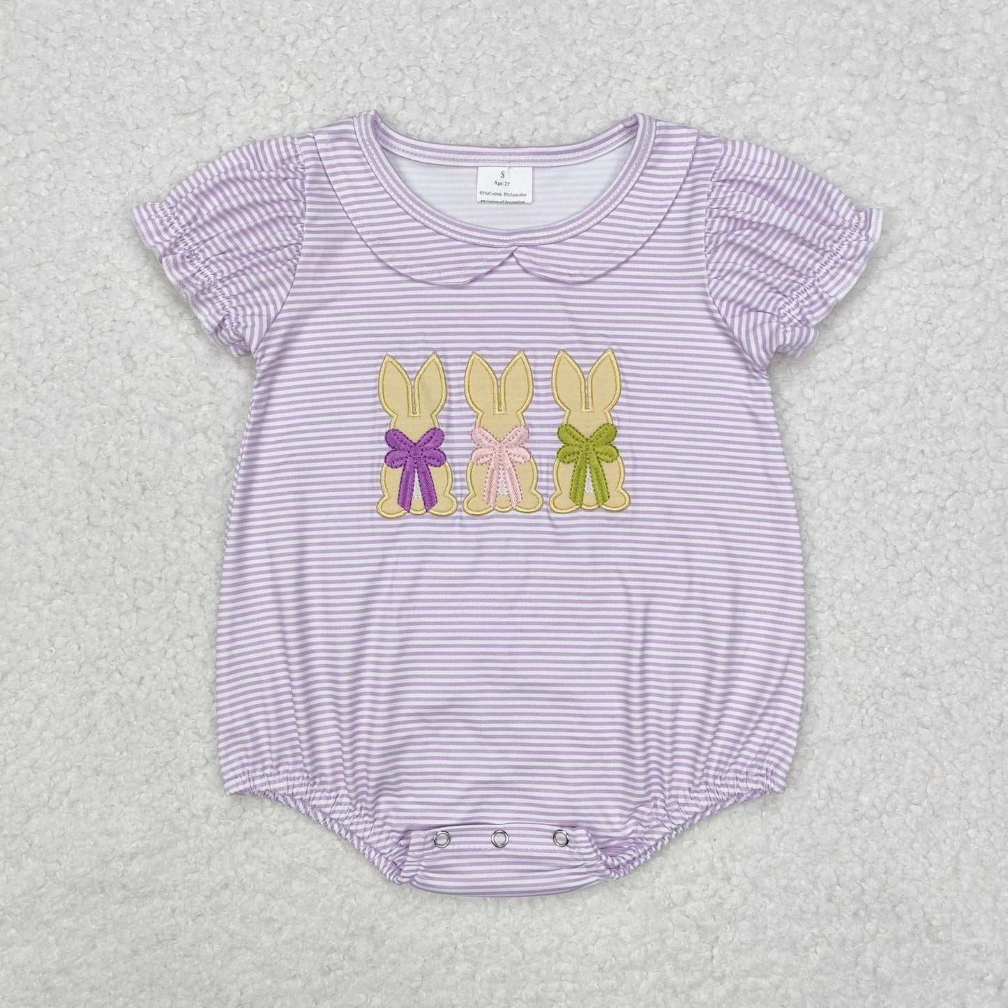 Baby Girl Infant Easter Short Sleeves Purple Stripes Embroidery Rabbit Bubble Romper