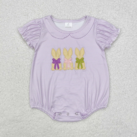 Baby Girl Infant Easter Short Sleeves Purple Stripes Embroidery Rabbit Bubble Romper